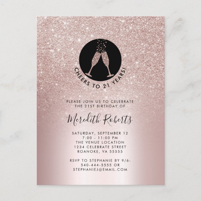 Carte Postale 21e Anniversaire Blush Parties scintillant Champag (Devant)