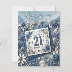 Carte Postale 21e Anniversaire crème bleu fleur amande