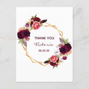 Carte Postale 21e anniversaire Merci bordeaux blanc floral