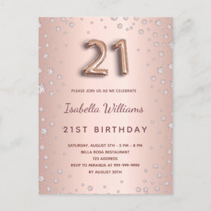 Carte Postale 21e anniversaire rose or diamons script de ballon