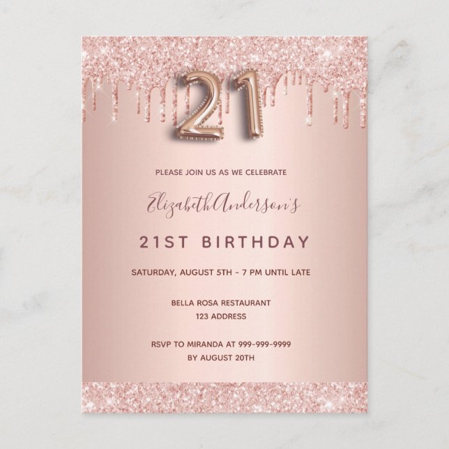 Carte Postale 21e anniversaire rose or parties scintillant rose  (Devant)