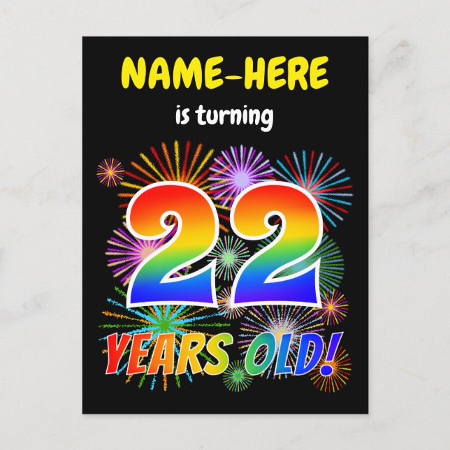 Carte Postale 22e anniversaire - Fun Fireworks, Rainbow Look "22 (Devant)