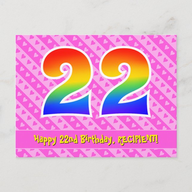 Carte Postale 22e anniversaire : Rayures roses et cœurs, Arc-en- (Devant)