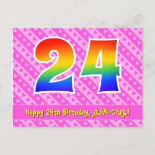 Carte Postale 24e anniversaire : Rayures roses et cœurs, arc-en-