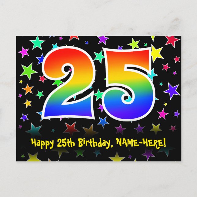 Carte Postale 25e Anniversaire : motif d'étoiles amusantes, arc- (Devant)