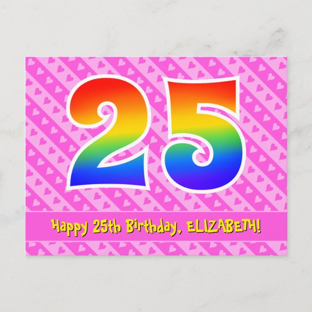 Carte Postale 25e anniversaire : rayures roses et cœurs, arc-en- (Devant)