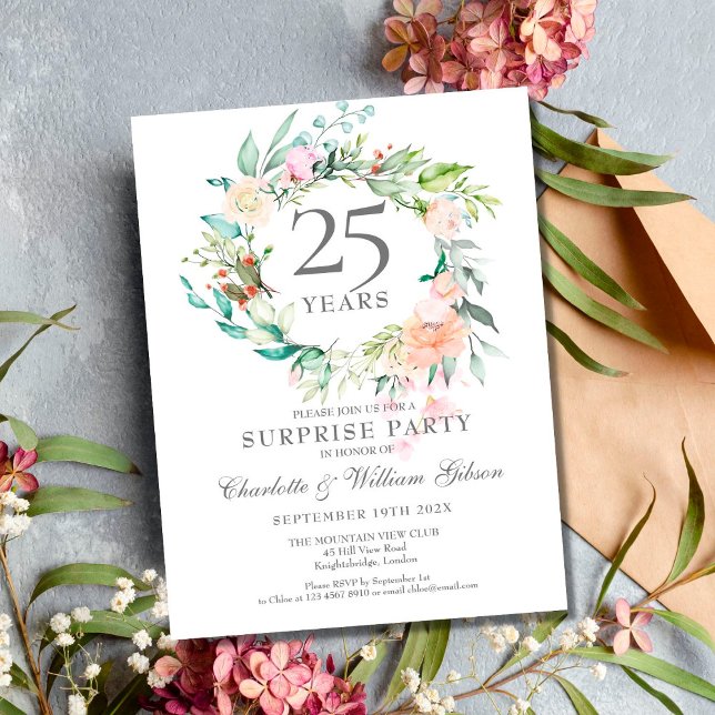 Carte Postale 25e anniversaire Surprise Party Roses Garland (Créateur téléchargé)
