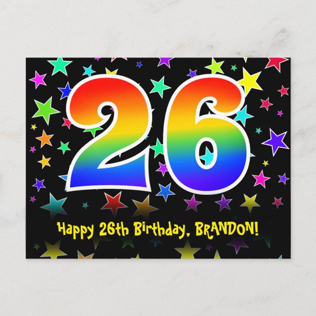 Carte Postale 26e Anniversaire : motif d'étoiles amusantes, arc- (Devant)