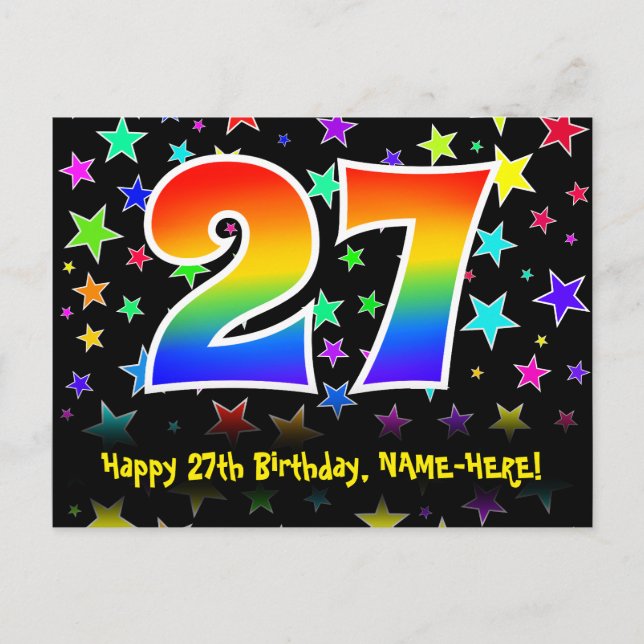 Carte Postale 27e Anniversaire : motif d'étoiles amusantes, arc- (Devant)