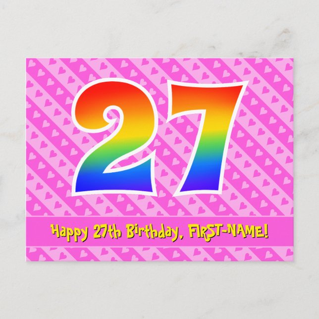Carte Postale 27e anniversaire : Rayures roses et cœurs, Arc-en- (Devant)