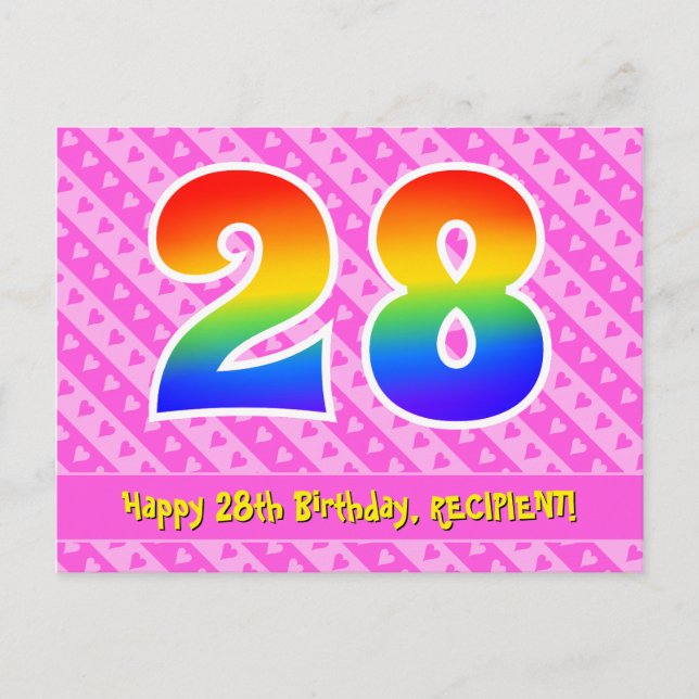 Carte Postale 28e Anniversaire : Bandes roses & Cœurs, Arc-en-ci (Devant)