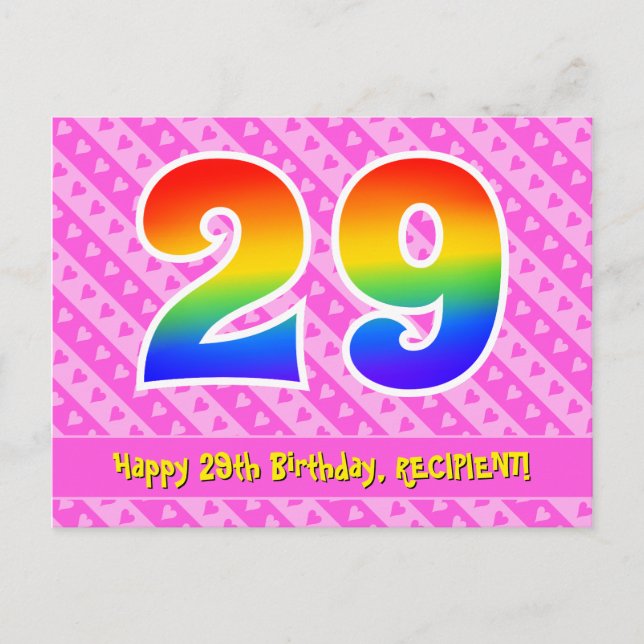 Carte Postale 29e anniversaire : Rayures roses et cœurs, arc-en- (Devant)