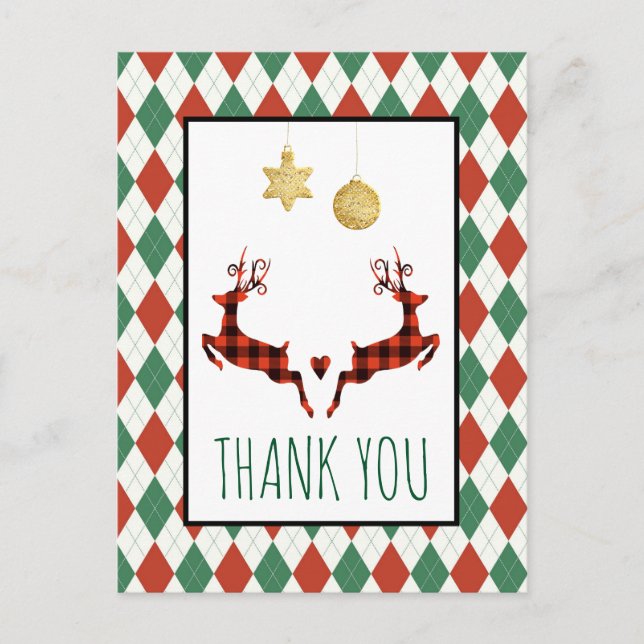 Carte Postale 2 cerfs de Noël saut de style rustique Merci (Devant)