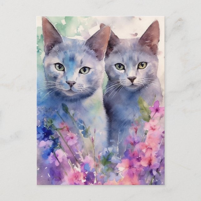 Carte Postale 2 Russian Blue Cats terrain de fleurs (Devant)
