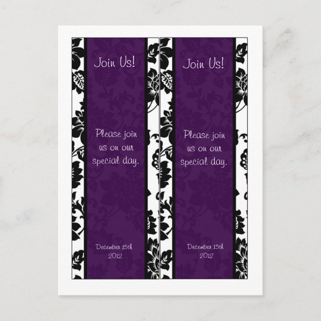 Carte Postale 2 Signets de Mariage damassé Floral Noir/Violet (Devant)