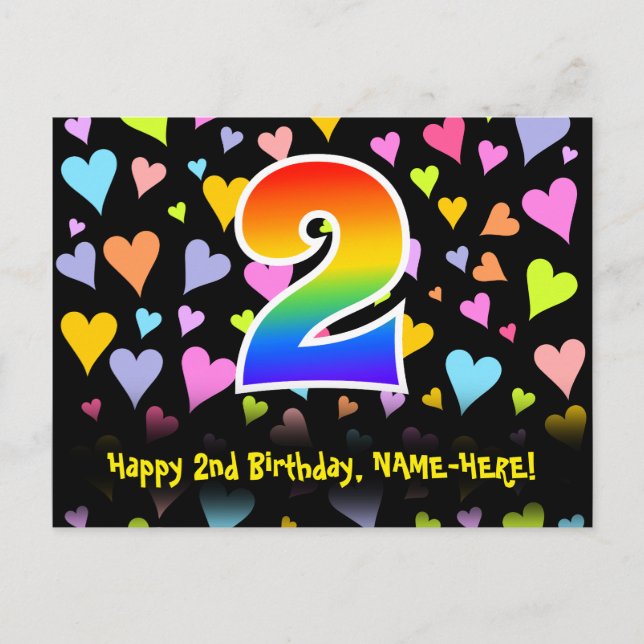 Carte Postale 2e anniversaire : motif coeurs amusants, arc-en-ci (Devant)