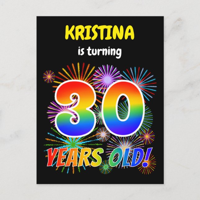 Carte Postale 30e anniversaire - Fun Fireworks, Rainbow Look "30 (Devant)