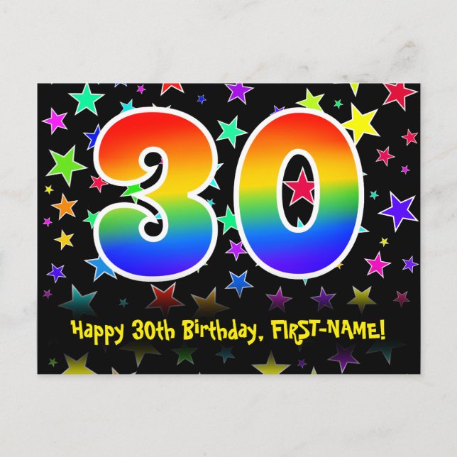 Carte Postale 30e anniversaire : Fun Stars Motif, Rainbow 30, No (Devant)