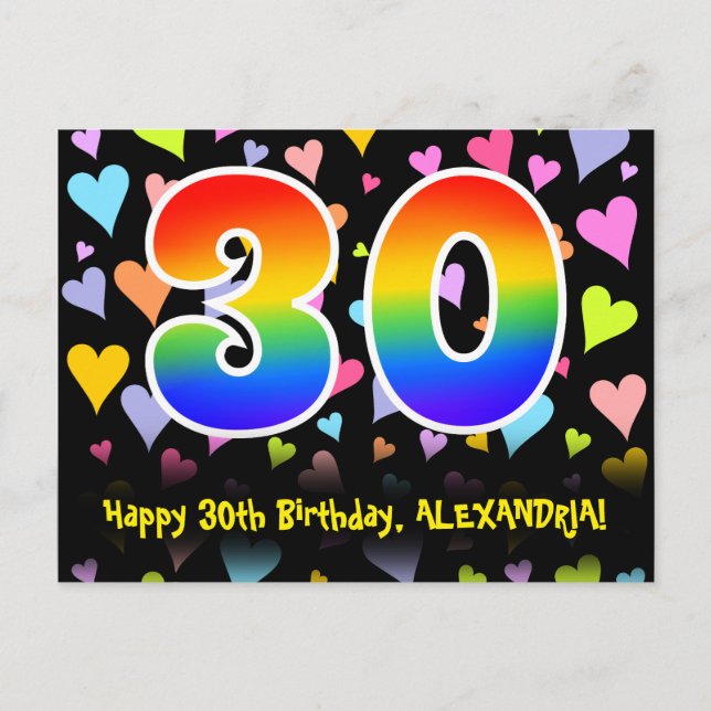 Carte Postale 30e anniversaire : motif coeurs amusants, arc-en-c (Devant)