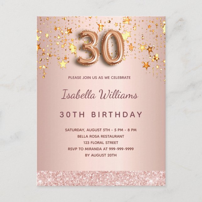 Carte Postale 30e anniversaire rose étoile blush glamour (Devant)