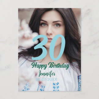 Carte Postale 30th birthday add name date year white photo