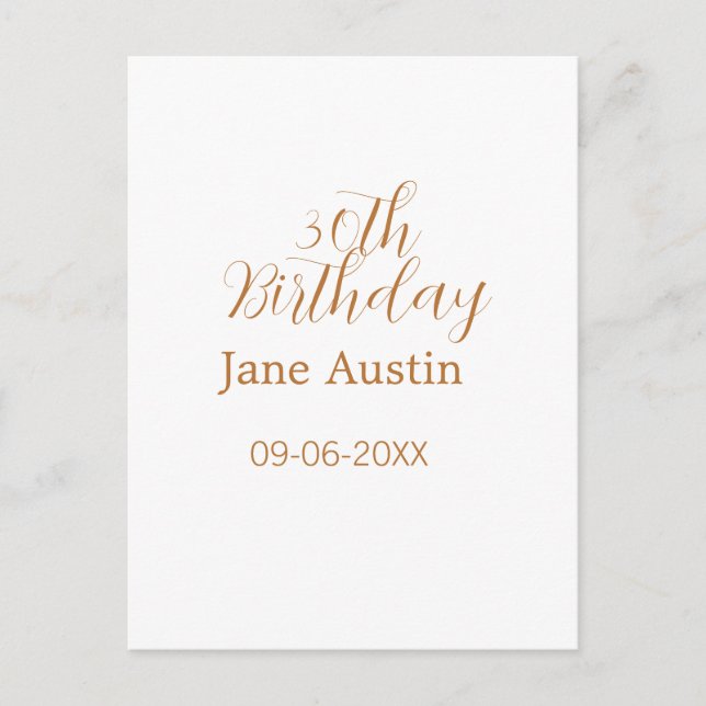 Carte Postale 30th birthday copper brown simple stylish name dat (Devant)
