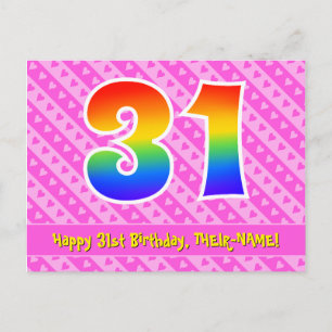 Carte Postale 31e anniversaire : Rayures roses et cœurs, arc-en-