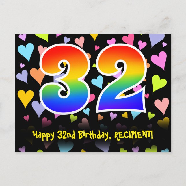 Carte Postale 32e anniversaire : Fun Hearts Motif, Arc-en-ciel 3 (Devant)