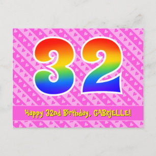 Carte Postale 32e Anniversaire : Rayures roses & Cœurs, Arc-en-c