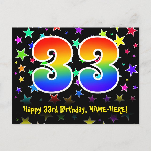 Carte Postale 33e anniversaire : Fun Stars Motif, Arc-en-ciel 33 (Devant)