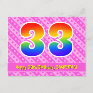 Carte Postale 33e Anniversaire : Rayures roses & Cœurs, Arc-en-c