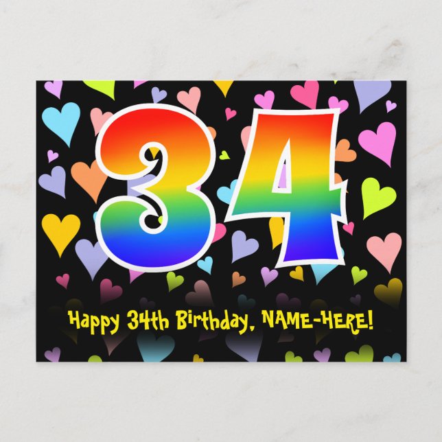 Carte Postale 34e anniversaire : Fun Hearts Motif, Arc-en-ciel 3 (Devant)