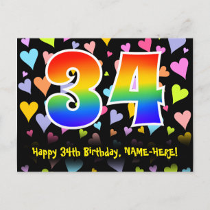 Carte Postale 34e Anniversaire : Motif Cœurs Amusants, Arc-en-ci