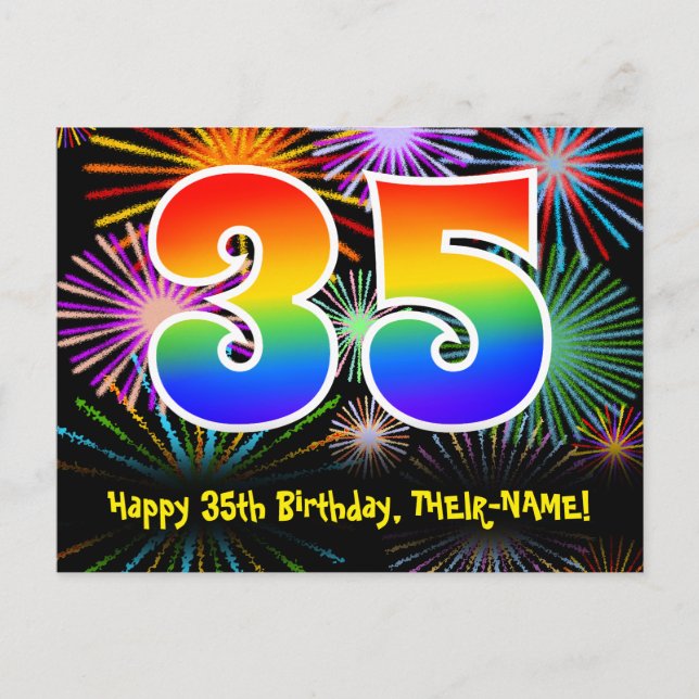 Carte Postale 35e anniversaire - Fun Fireworks Motif + Arc-en-ci (Devant)