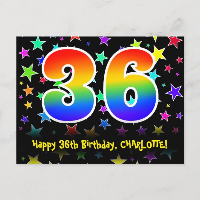 Carte Postale 36e anniversaire : Fun Stars Motif, Rainbow 36, No (Devant)