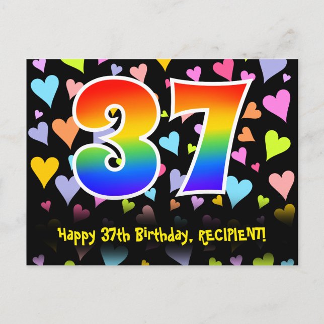 Carte Postale 37e Anniversaire : motif coeurs amusants, arc-en-c (Devant)