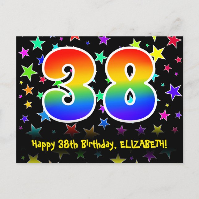 Carte Postale 38e Anniversaire : Motif Étoiles Amusantes, Arc-en (Devant)