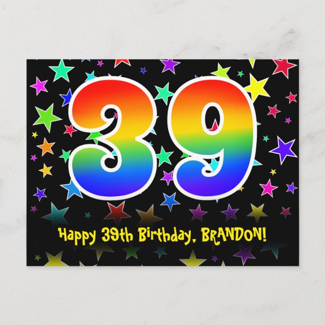 Carte Postale 39e Anniversaire : motif d'étoiles amusantes, arc- (Devant)