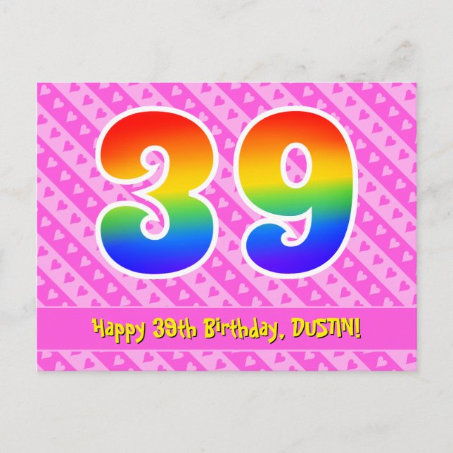 Carte Postale 39e anniversaire : Pink Stripes & Hearts, Arc en c (Devant)