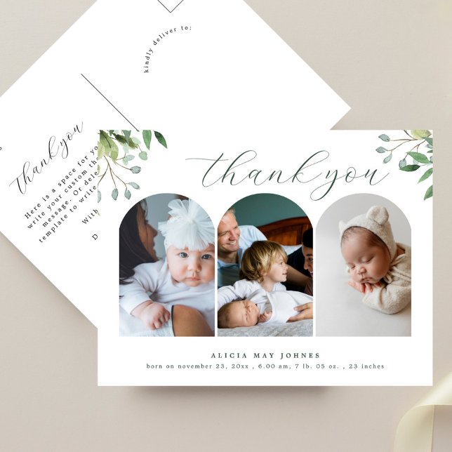 Carte Postale 3 Arc Photo Élégante verdure Nouveau Merci bébé (Créateur téléchargé)
