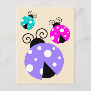 Carte Postale 3 coccinelles en rose et bleu violet
