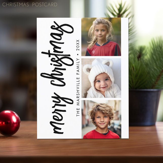 Carte Postale 3 Collage photo - Joyeux Noël moderne (Online Christmas Card Template. Modern design with place to add photos and text.)