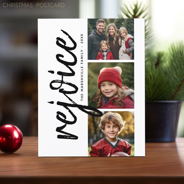 Carte Postale 3 Collage photo - Joyeux Noël moderne Rejoice (Online Christmas Card Template. Modern design with place to add photos and text.)