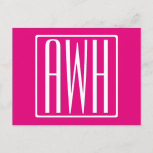Carte Postale 3 Initiales Monogramme Blanc sur rose chaud