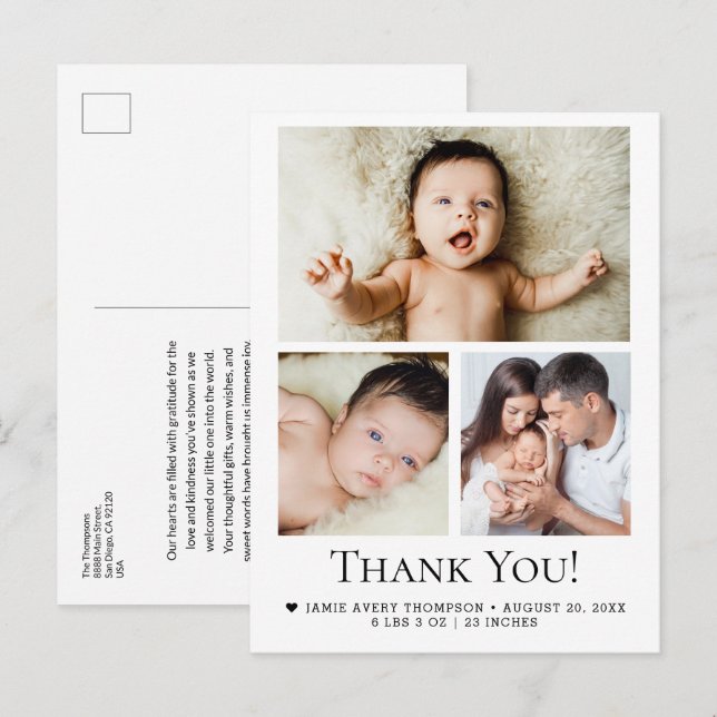 Carte Postale 3 photo bébé moderne Merci de statistiques de nais (Devant / Derrière)