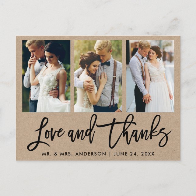 Carte Postale 3 Photo Brush Script Mariage Love Thanks Kraft (Devant)