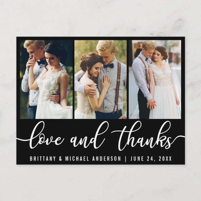 Carte Postale 3 Photo Modern Mariage Love Merci White Script (Devant)