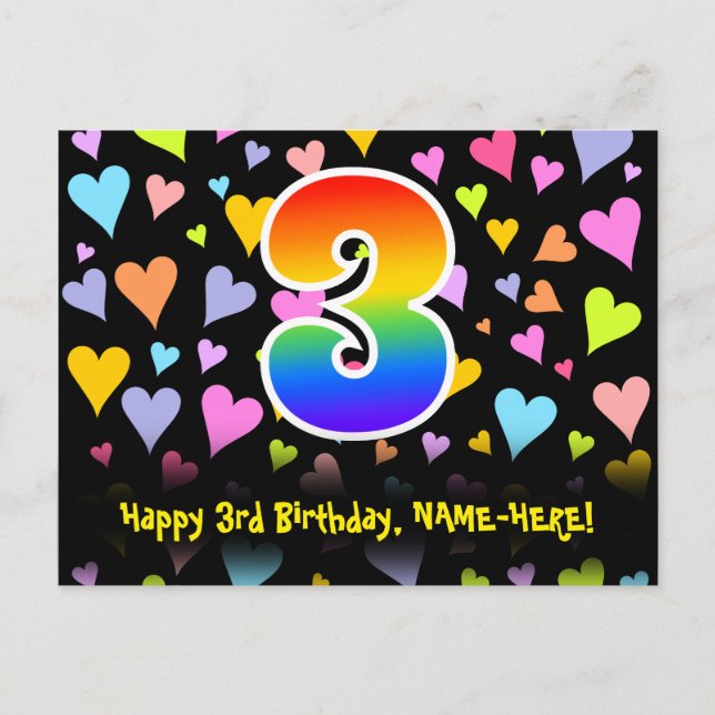Carte Postale 3e anniversaire : Fun Hearts Motif, Rainbow 3 (Devant)