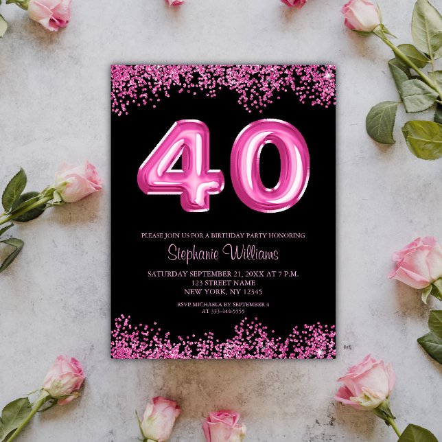 Carte Postale 40e anniversaire Black Pink Balloons Parties scint (Customize with your 40th Birthday event details)