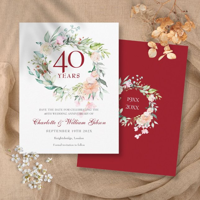 Carte Postale 40e anniversaire de Ruby Sauvez la date Garland Ro (40th Ruby Anniversary Save the Date Roses Garland Postcard)